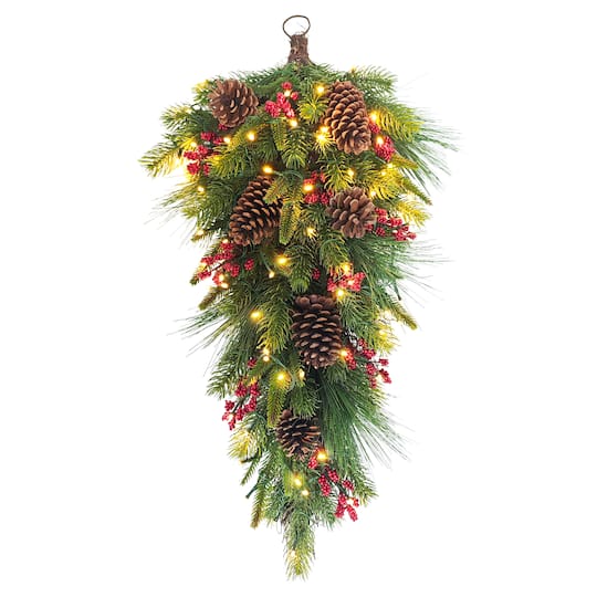 28" Pre-Lit Green Pinecones & Berries Adorned Artificial Banister Swag